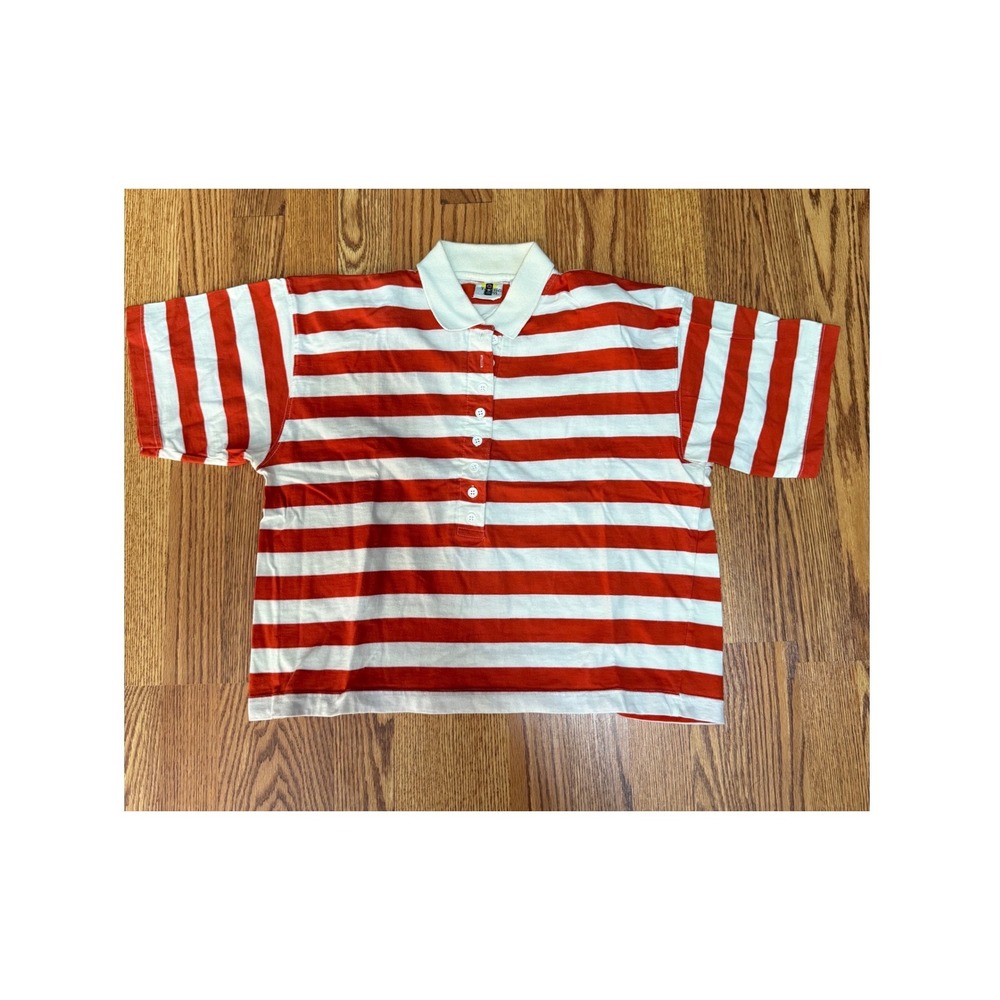Vintage 80s 90s Orange White Striped Polo L Boxy Oversized Shoulder Pads